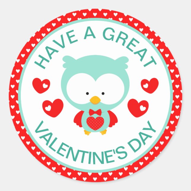 Sticker Rond Chouette sarcelle mignonne et Saint-Valentin coeur (Devant)