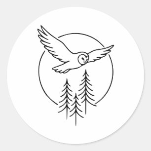 Sticker Rond Chouette volante minimale sur pins – Illustration