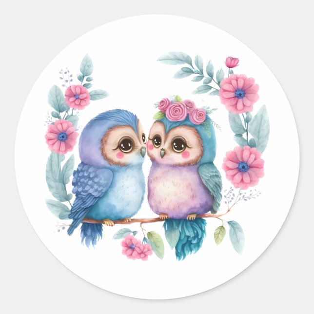 Sticker Rond Chouettes d'amour pourpre : une jolie et romantiqu (Devant)