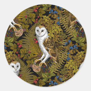 Sticker Rond Chouettes, fougères, chênes et baies 2