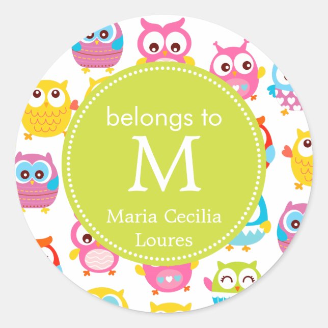 Sticker Rond Chouettes mignonnes en petits morceaux Monogramme (Devant)