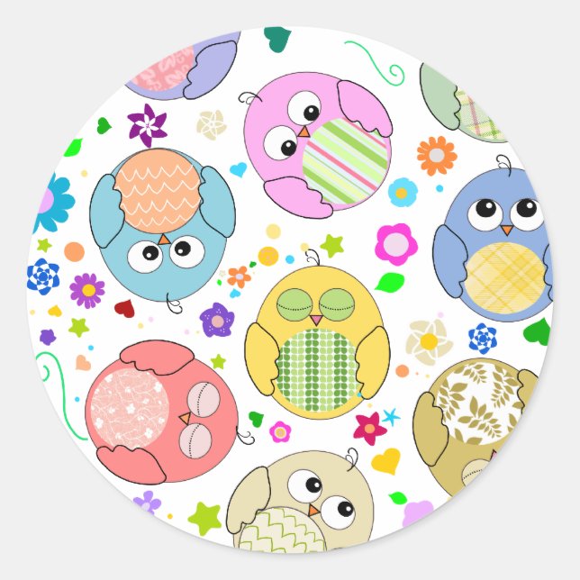 Sticker Rond Chouettes mignonnes et motif de fleurs (Devant)