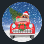 Sticker Rond Chow Chow Chien Conduisant Voiture En Neige<br><div class="desc">Un cadeau de Noël mignon pour les amoureux de les chiens,  chien conduisant une voiture rouge dans la neige est une idée cadeau parfait pour quelqu'un qui aime les chiens.</div>