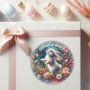 Sticker Rond Christ Ressuscité Floral Joyeux Lapin De Pâques