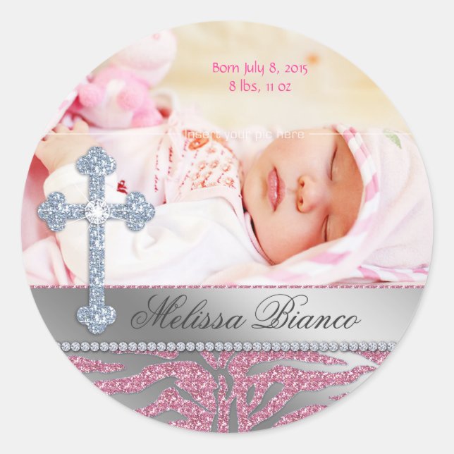 Sticker Rond Christian Baptism Croix Baby Girl Zebra (Devant)