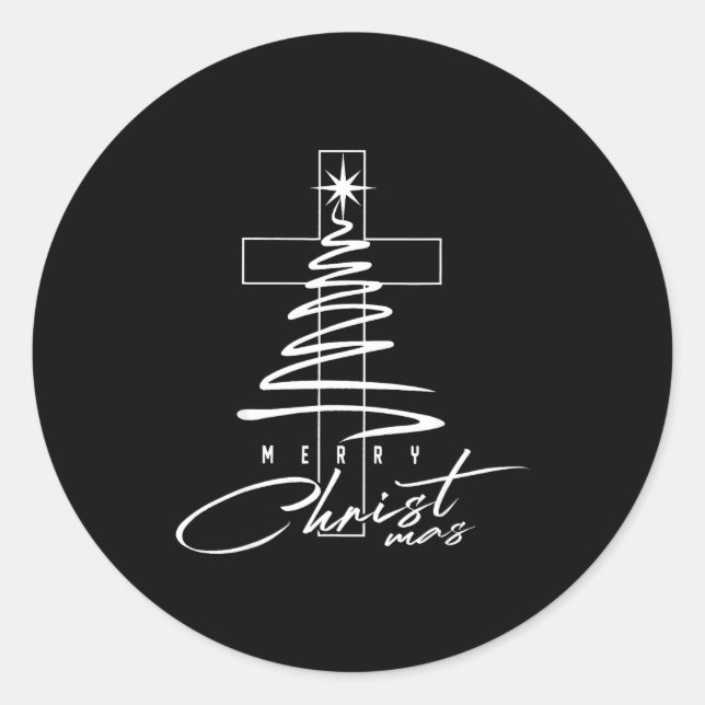 Sticker Rond Christian Cross Jesus Merry Christmas Xmas Tree Ho (Devant)