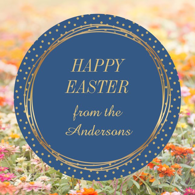 Sticker Rond Christian Elegant Gold Pois heureux Pâques (Christian Catholic Elegant Blue Gold Polka Dots Happy Easter Classic Round Sticker)