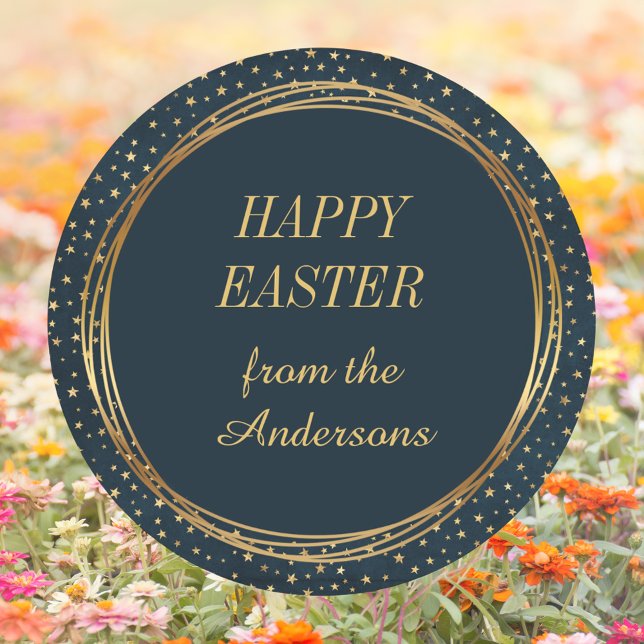 Sticker Rond Christian Elegant Gold Star Custom Joyeux Pâques (Religious Christian Catholic Elegant Gold Star Pattern Custom Happy Easter Classic Round Sticker)