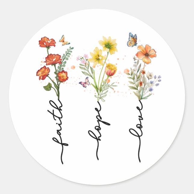 Sticker Rond Christian Faith Love Hope Floral (Devant)