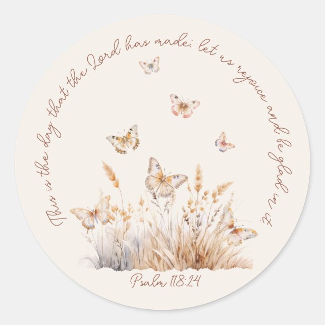 Sticker Rond Christian Psaume 118:24 Papillon Boho Aquarelle (Devant)