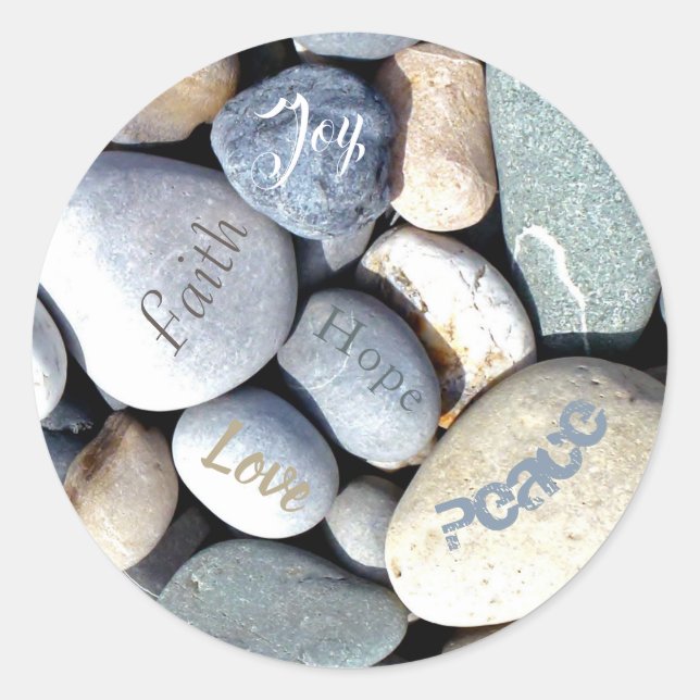 Sticker Rond Christian Value Love Hope Faith Joy Peace Pebbles (Devant)
