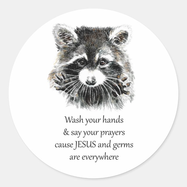 Sticker Rond Christian Washroom Lavez vos mains Raccoon Animal (Devant)
