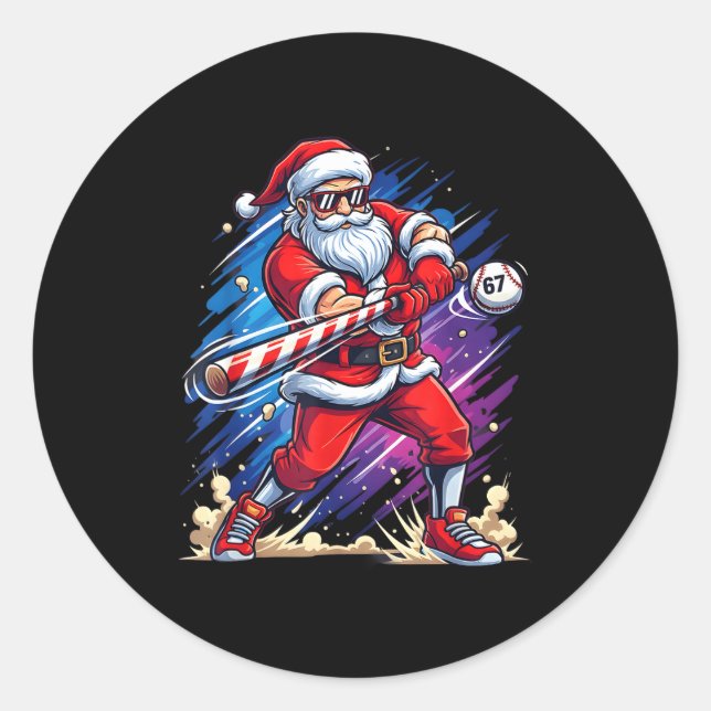 Sticker Rond Christmas Baseball Funny Santa Game Day Xmas Boys  (Devant)