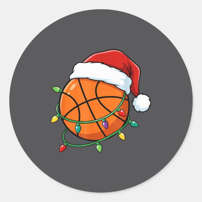 Sticker Rond Christmas Basketball Santa Hat Wrapped In Lights H (Devant)
