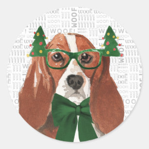 Sticker Rond Christmas Basset Hound et Woof Amoureux des chiens