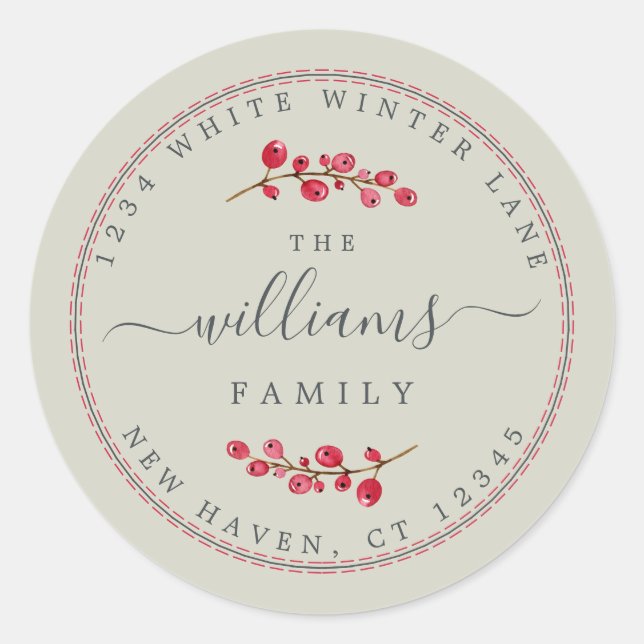 Sticker Rond Christmas Berries Green Family Return Adresse (Devant)
