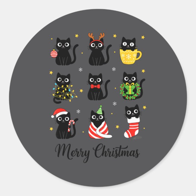 Sticker Rond Christmas Black Cats Merry Christmas Cute Holiday  (Devant)