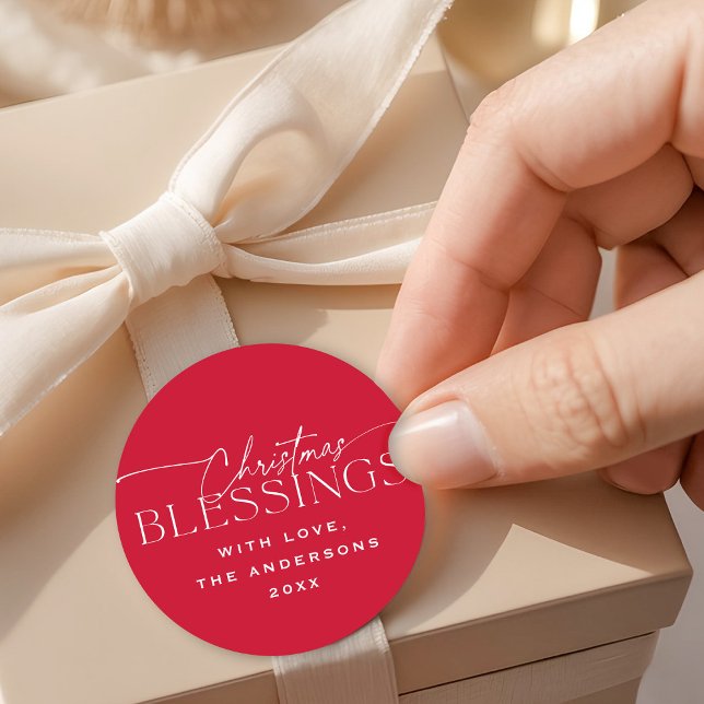 Sticker Rond Christmas Blessings Elegant Typography Red Holiday (Créateur téléchargé)