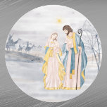 Sticker Rond Christmas Blue Christian Religious Watercolor<br><div class="desc">Jesus,  Mary,  et Joseph along with wisemen and star.</div>