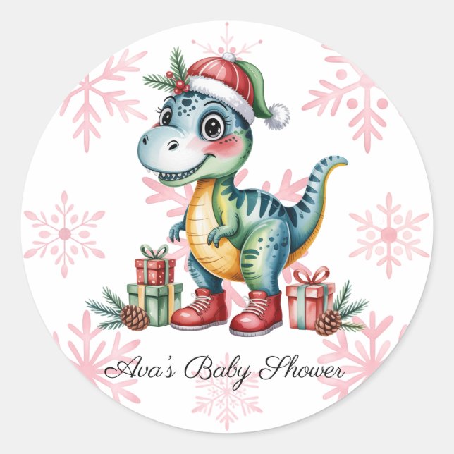 Sticker Rond Christmas Blue Dino and Presents Boy Baby Shower (Devant)