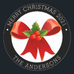 Sticker Rond Christmas Bow avec Holly Adresse de retour<br><div class="desc">Bow de Noël avec étiquette d'adresse de retour Holly.</div>