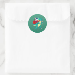 Sticker Rond Christmas Boys Dinosaur Père Noël T Rex Xmas Dino