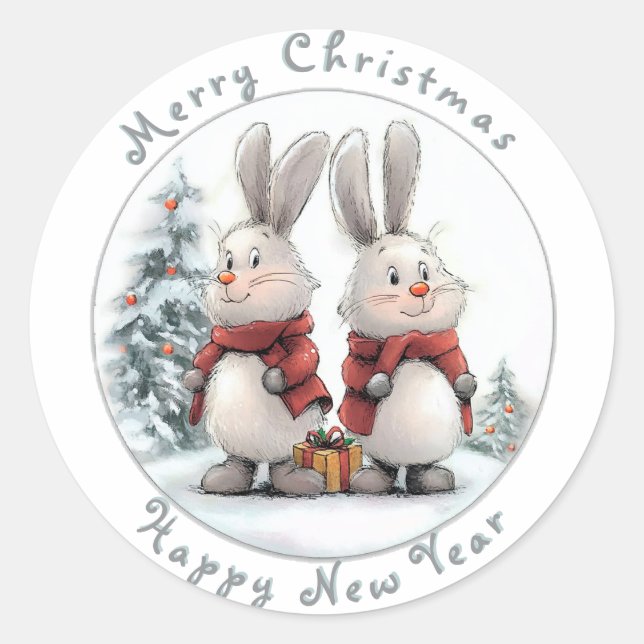 Sticker Rond Christmas Bunny and gift, personalized (Devant)