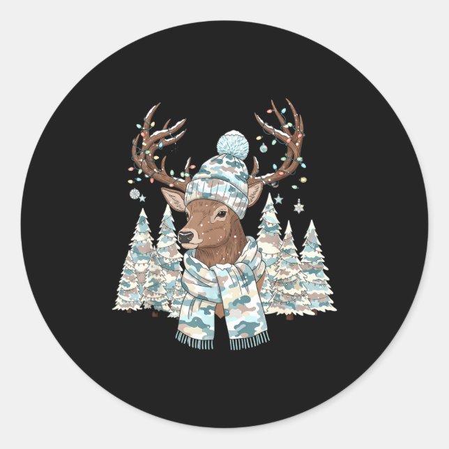 Sticker Rond Christmas Camo Hunting Reindeer Pajamas With Deer  (Devant)