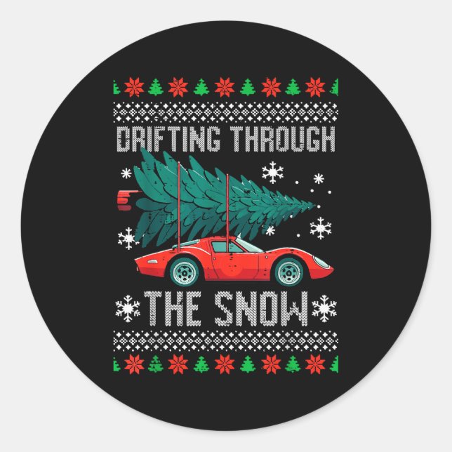 Sticker Rond Christmas Car Drifting Through Snow Ugly Xmas Men  (Devant)