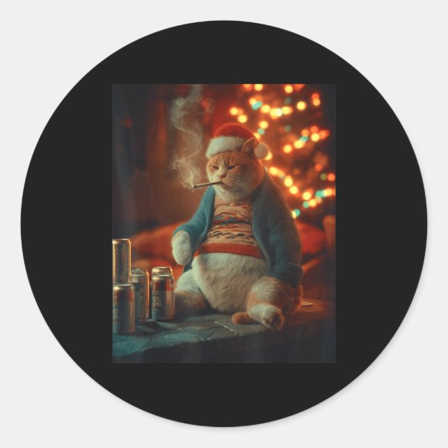 Sticker Rond Christmas Cat Smoking Cigarette Meme Gen Z  (Devant)