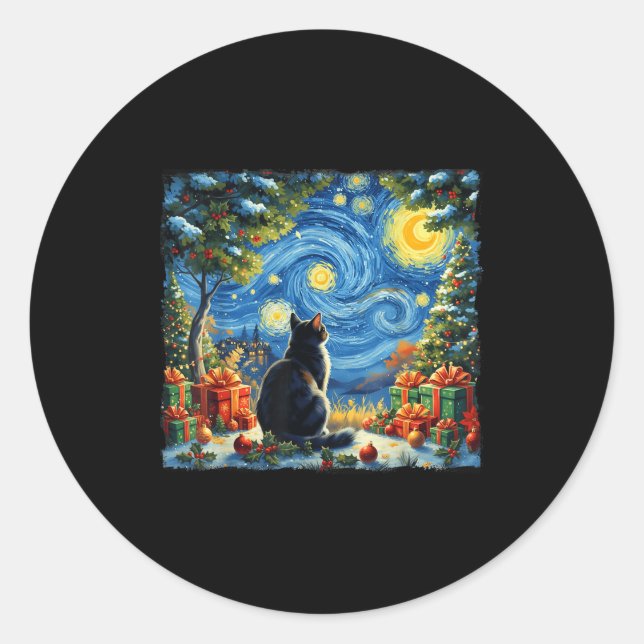 Sticker Rond Christmas Cat Starry Night Van Gogh Santa Winter G (Devant)