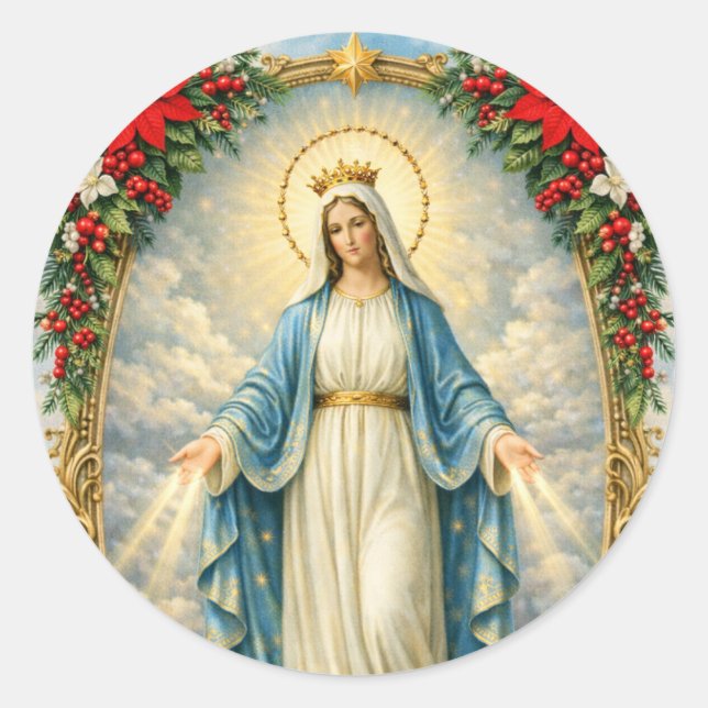 Sticker Rond Christmas Catholic Virgin Mary Poinsettias (Devant)