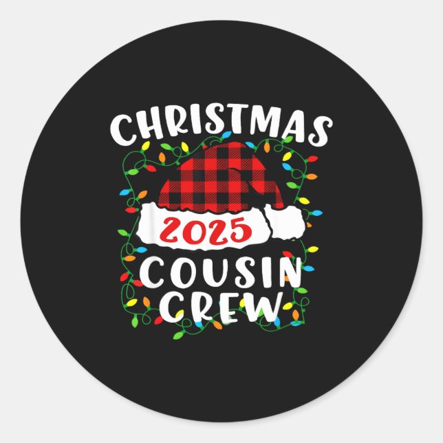 Sticker Rond Christmas Cousin Crew 2025 Plaid Santa Hat Xmas Li (Devant)