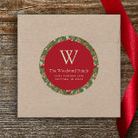 Sticker Rond Christmas Cranberry Greenery Adresse du Motif<br><div class="desc">Cet autocollant festif d'adresse de retour de Noël comporte un cercle rouge muet sur une aquarelle motif de baies de canneberges, de feuilles et de sprigs sur un arrière - plan vert. Personnalisez le design avec votre nom de famille et votre nom de famille monogramme en sauge vert pâle, avec...</div>
