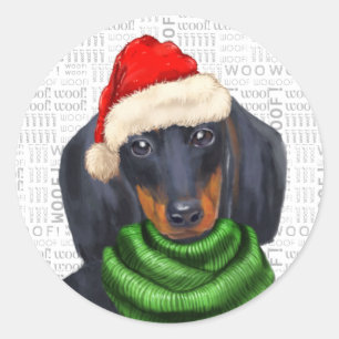 Sticker Rond Christmas Dachshund et Woof Art Amoureux des chien