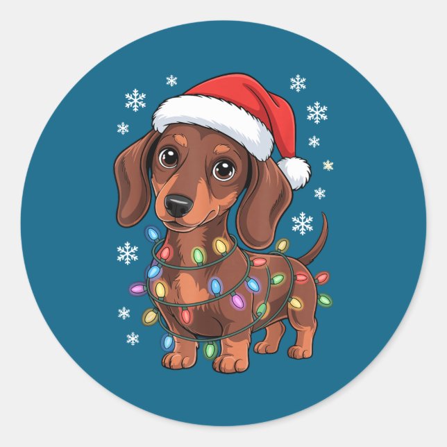 Sticker Rond Christmas Dachshund Lights Santa Hat Holiday Dog L (Devant)