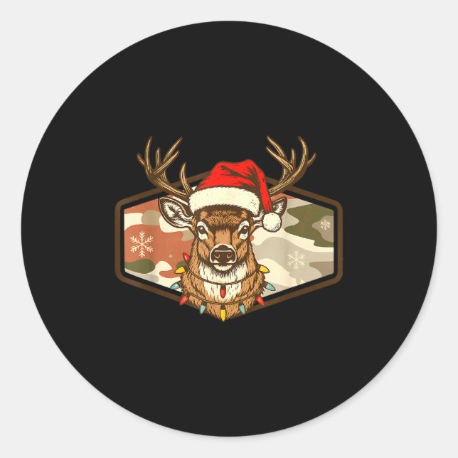 Sticker Rond Christmas Deer Hunting Old School Camo, Xmas Hunti (Devant)