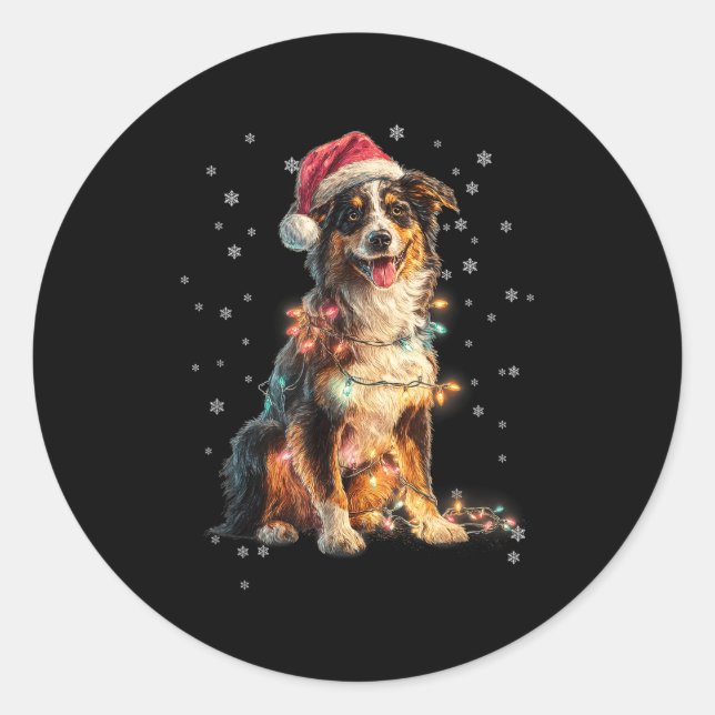 Sticker Rond Christmas Dog Australian Shepherd Santa Xmas Women (Devant)