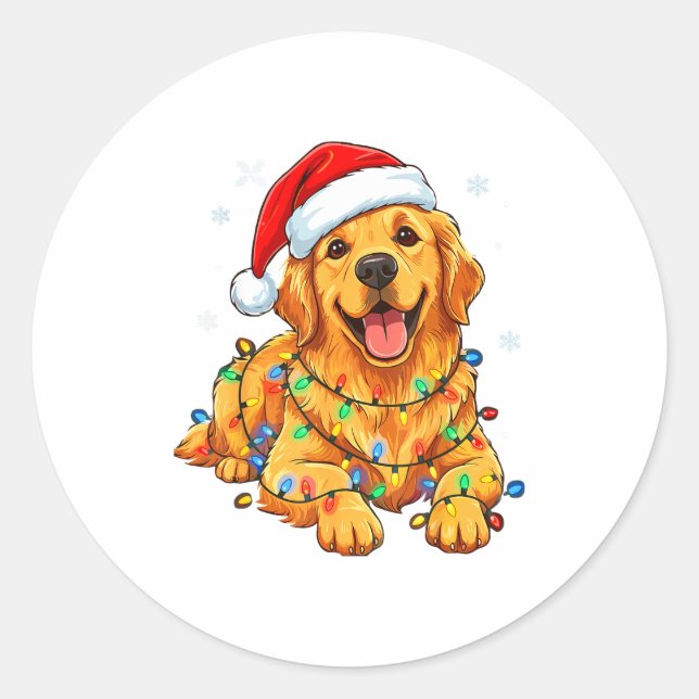 Sticker Rond Christmas Dog Golden Retriever Lights Xmas  (Devant)