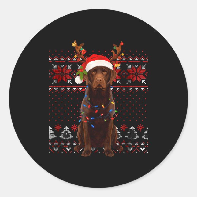Sticker Rond Christmas Dog With Hat And Lights - Funny Holiday  (Devant)