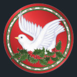 Sticker Rond Christmas Dove & Holly<br><div class="desc">Jolie colombe blanche de Noël sur le lit de Holly. La colombe est un symbole d'amour et de paix. Un design parfait pour cette période de vacances.</div>