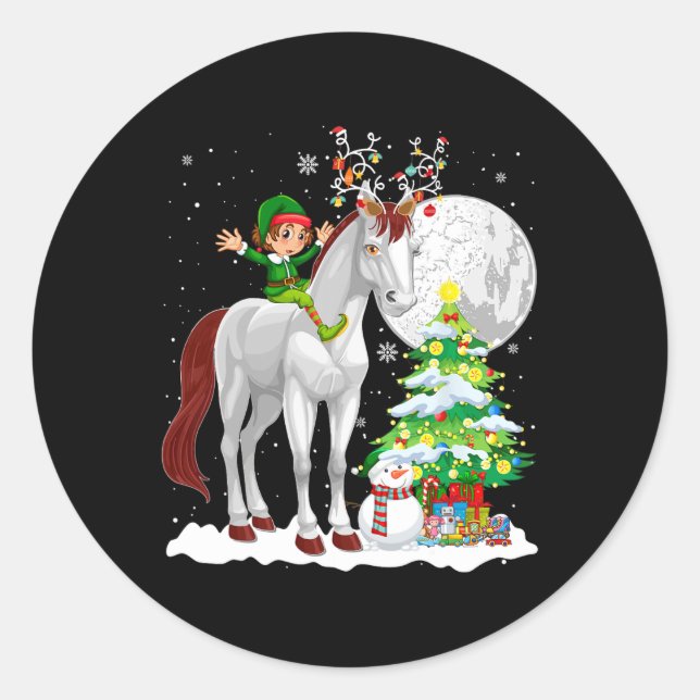 Sticker Rond Christmas Elf Riding Reindeer Horse Snowman Xmas T (Devant)