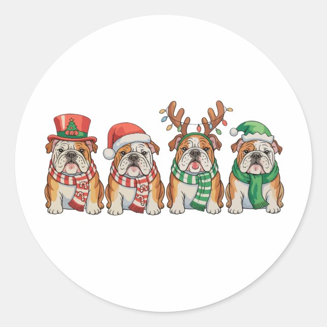 Sticker Rond Christmas English Bulldog Dog Santa Hat Reindeer (Devant)