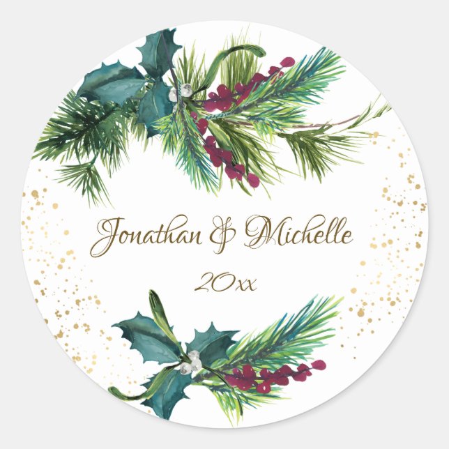 Sticker Rond Christmas Evergreen Red Berry Winter Wedding (Devant)