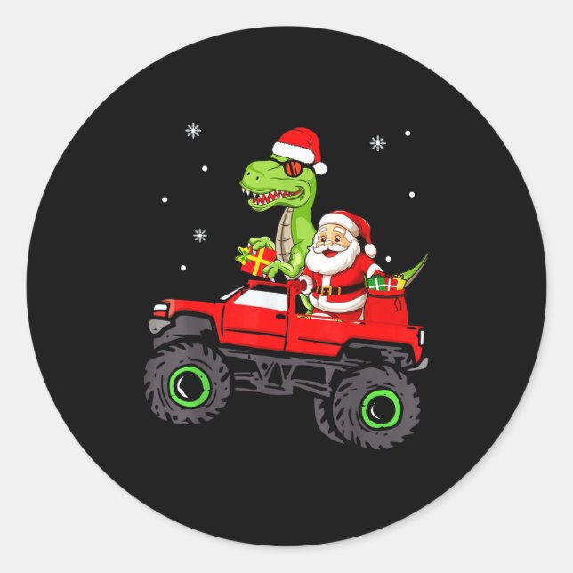 Sticker Rond Christmas Family Matching Santa Truck Dinosaur Boy (Devant)