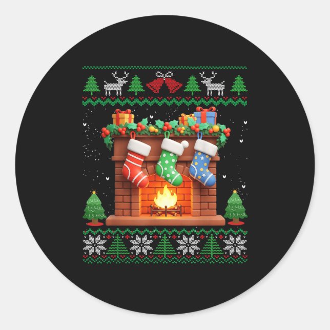 Sticker Rond Christmas Fireplace Stockings Funny Ugly Christmas (Devant)