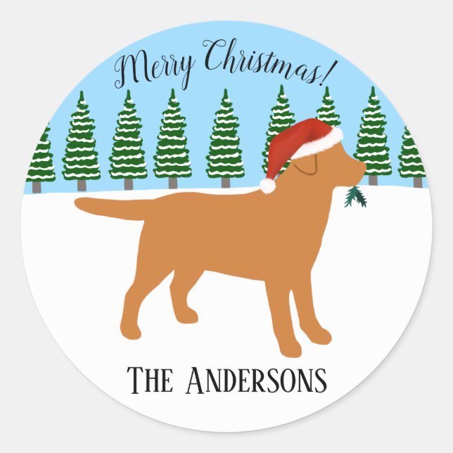 Sticker Rond Christmas Fox Red Labrador Santa Hat (Devant)