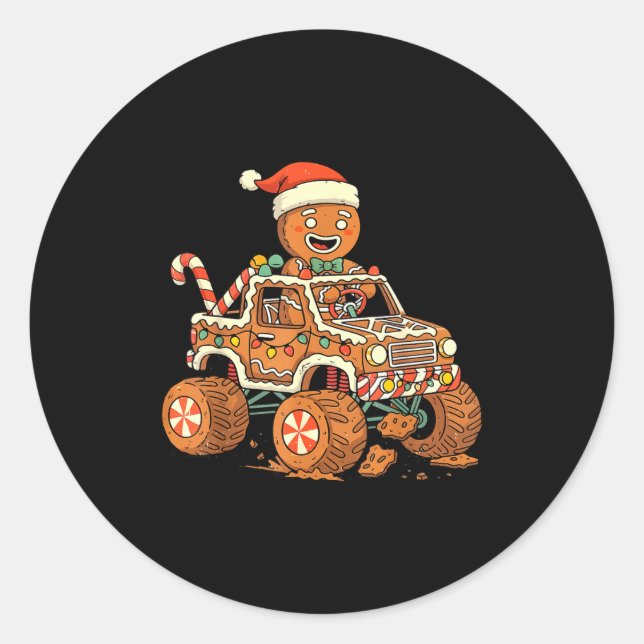 Sticker Rond Christmas Gingerbread Man Driving Truck Xmas Light (Devant)