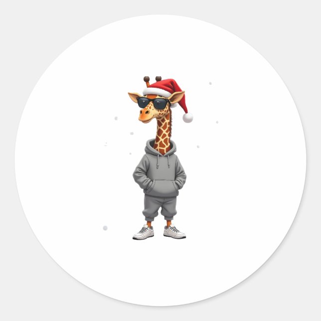Sticker Rond Christmas Giraffe Santa Long Sleeve T-Shirt (1) (Devant)