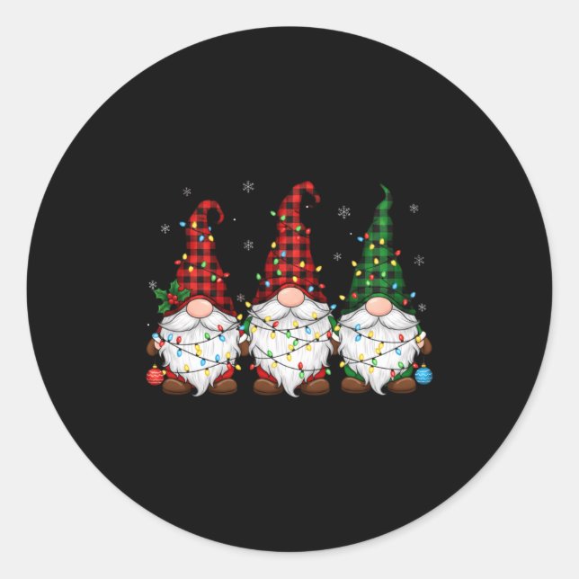 Sticker Rond Christmas Gnome Trio Buffalo Plaid Lights Cute Xma (Devant)